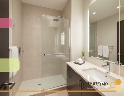 حمام مدرن با طراحی مینیمالیستی و رنگ‌های آرامش‌بخش