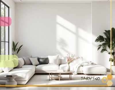 اتاق نشیمن مدرن با دیوارهای سفید و مبلمان مینیمالیستی.