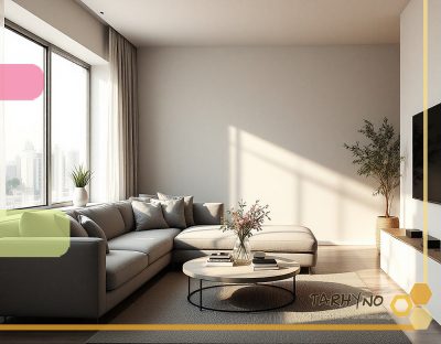 سالن پذیرایی مدرن با تابلوهای هنری و گیاهان سبز.