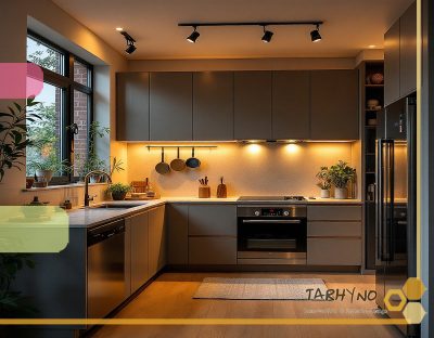 آشپزخانه سبک مدرن با نورپردازی و طراحی ساده.