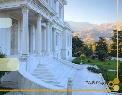 سبک نئوکلاسیک به زبان ساده 11 نمای بیرونی یک ویلای نئوکلاسیک با ستونها و جزئیات تزئینی