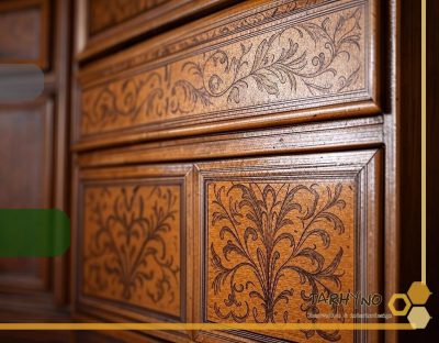 کابینت کلاسیک 2 نزدیکنگری به منبتکاریهای دستی روی درب کابینت.