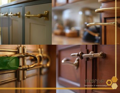 کابینت کلاسیک 3 نمای نزدیک از دستگیرههای برنجی و برنزی کابینت کلاسیک.