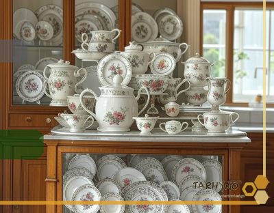 کابینت کلاسیک 4 ویترین شیشهای با ظروف چینی در کابینت کلاسیک.