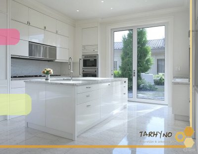 یک نمای نزدیک از کابینت‌ مدرن سفید براق