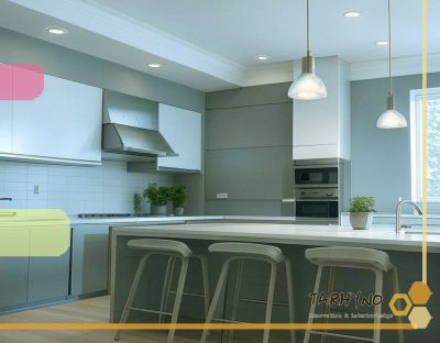 جزیره‌ای با کابینت‌های مدرن و کانتر سنگ
