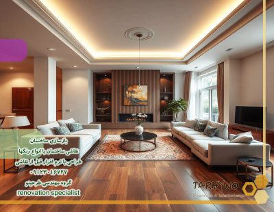 اتاق پذیرائی با کف‌پوش قهوه ای